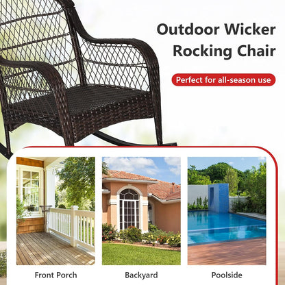 Tangkula Outdoor Wicker Rocking Chair, Patio Rattan Rocker with Seat Back Cushions & Waist Pillow, Sturdy Metal Frame, Mix Brown Outdoor Rocker for Balcony, Porch, Backyard