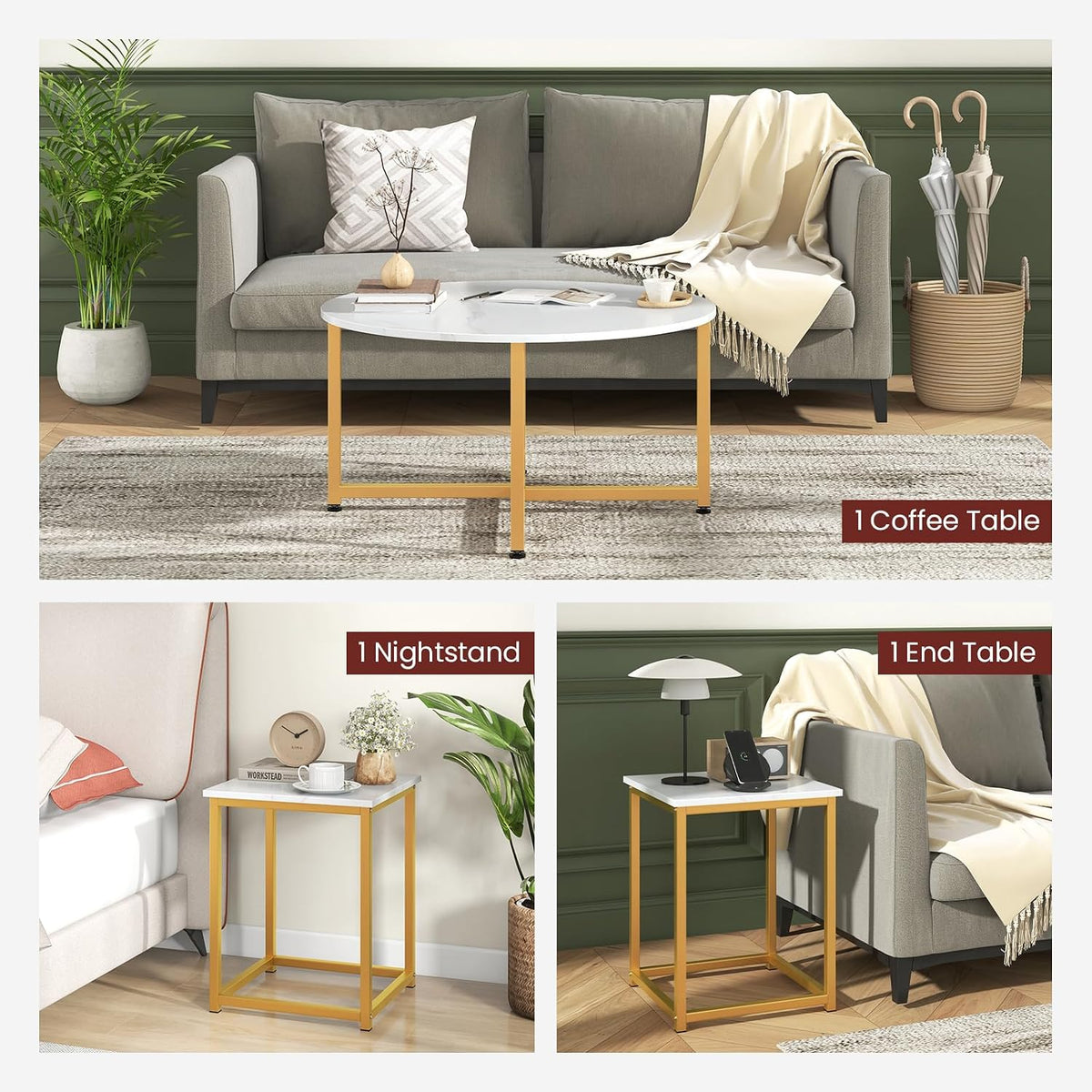 GIANTEX Round Nesting Table Set of 3, Wood Living Room Table Set, White | Modern Faux Marble Coffee Table w/2 End Tables, Sturdy Metal Frame, 3-Piece Coffee Table for Living Room
