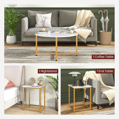 GIANTEX Round Nesting Table Set of 3, Wood Living Room Table Set, White | Modern Faux Marble Coffee Table w/2 End Tables, Sturdy Metal Frame, 3-Piece Coffee Table for Living Room