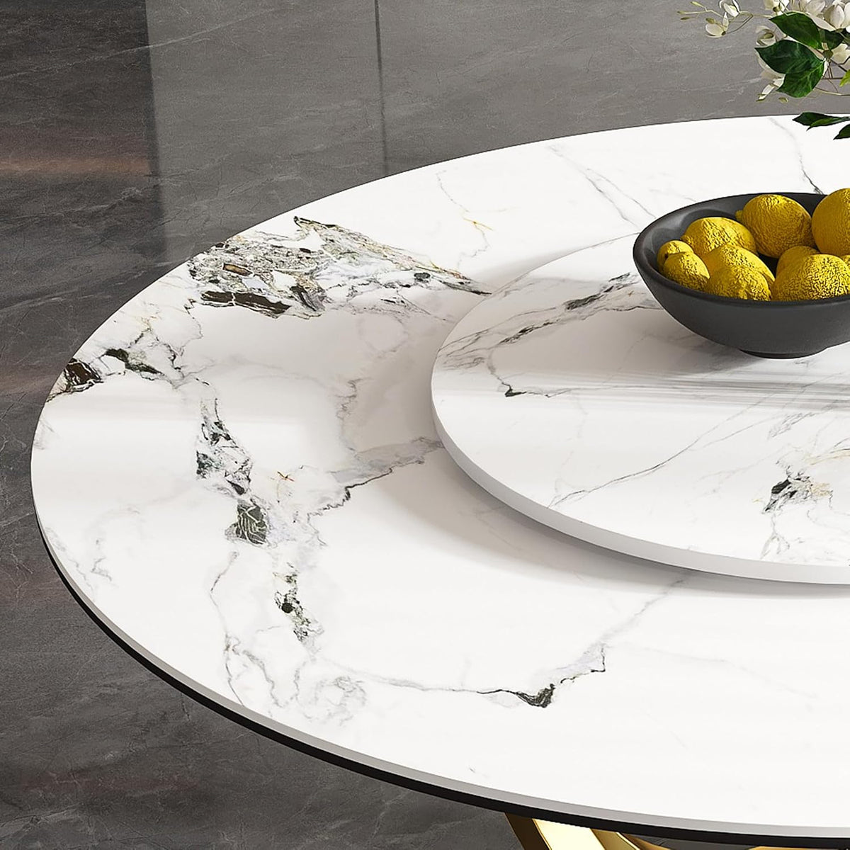 Montary 59” Modern Round Dining Table for 6-8 Seat, Artificial Marble Dining Room Table with Lazy Susan, 3 Gold Circles Stainless Steel Base, Sintered Stone Top Dining Table (Only Table)