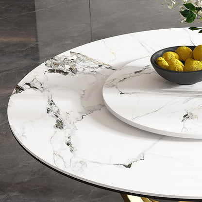 Modern Marble Dining Table, 59" Round Sintered Stone Table for Dining Room, Kitchen, Compact Space w/Stainless Steel Gold Base, Detachable Lazy Susan