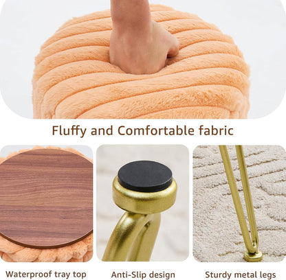 Wimarsbon Vanity Stool with Storage, Faux Fur Ottoman Chair with Metal Legs, Round Makeup Vanity Chair for Bedroom or Dressing Table, Modern Small Ottoman Seat (Orange)