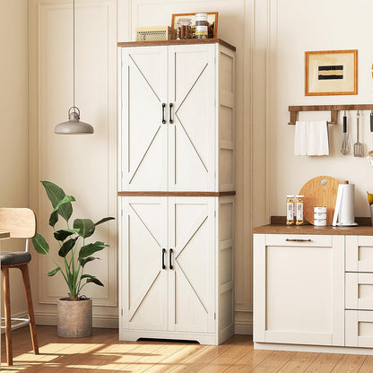 Yusong 72'' Farmhouse Kitchen Pantry Cabinet,Storage Cabinet with 4 Doors and Adjustable Shelves, Wooden Food Pantry Cupboard for Kitchen Dining Living Room Bathroom, Antique White with Wood Top