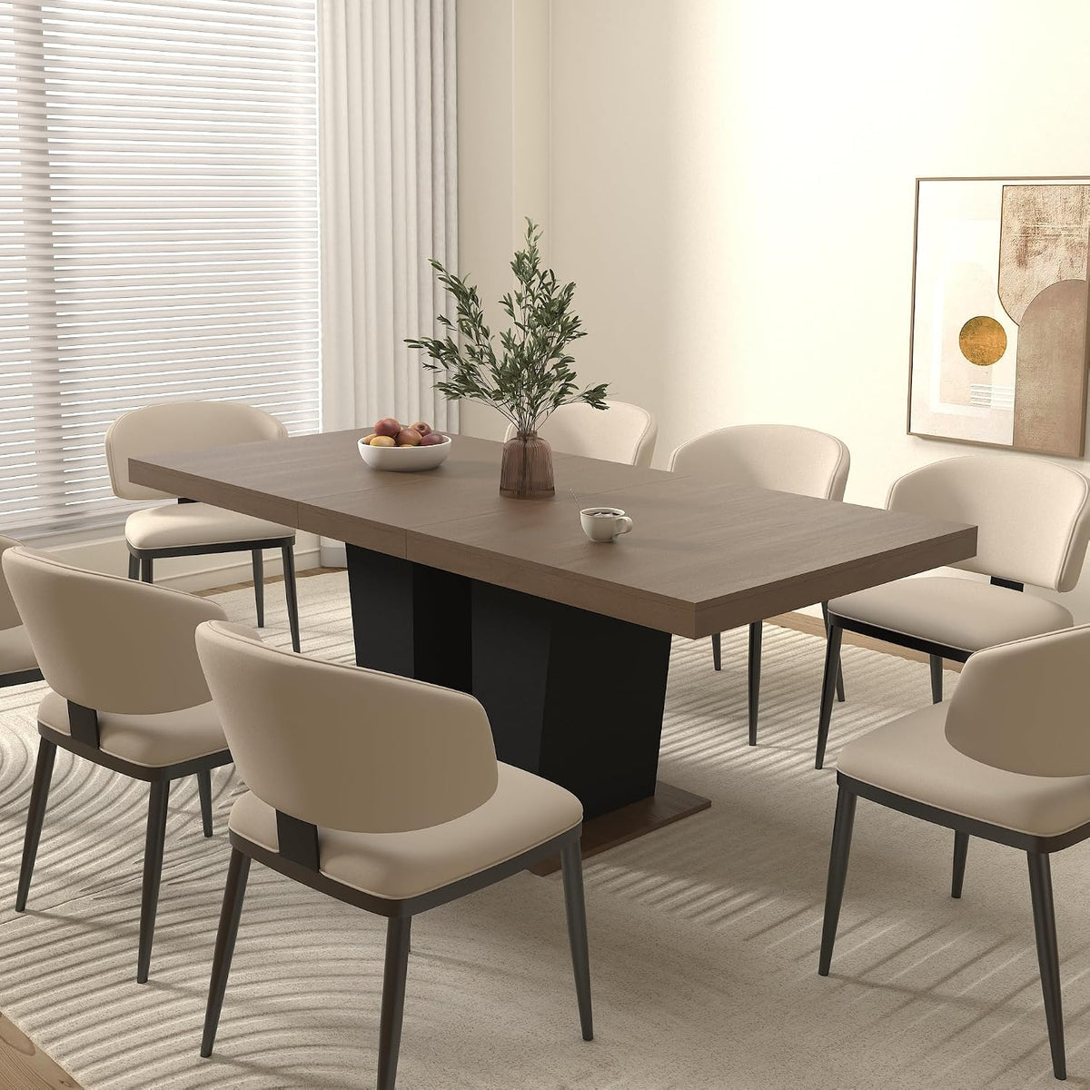 78.74" Extendable Dining Room Table for 4-10 People,Wooden Transformer Kitchen Dining Table with Black Double Sturdy Pedestal Base,Modern Expandable Large Table,Beige+Brown