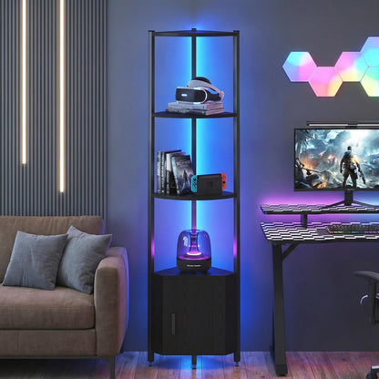 Corner Shelf with Storage, LED Lights 6-Tier Corner Bookshelf, 66'' Organizer Book Shelf Shelves Steel Frame Display Stand with Living Room, Bedroom, Study, Black