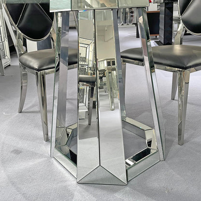 Henf Luxury Round Glass Dining Table for 4-6, Silver 47" Glass Kitchen Table with Mirrored Base, Modern Circle Dining Room Table (Table Only)