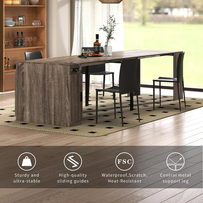Extendable Dining Table with Built-in Power Outlet, 118” Expandable Dining Table for 11, Storage Cabinet Console Table, Modern Dining Room Furniture Gray
