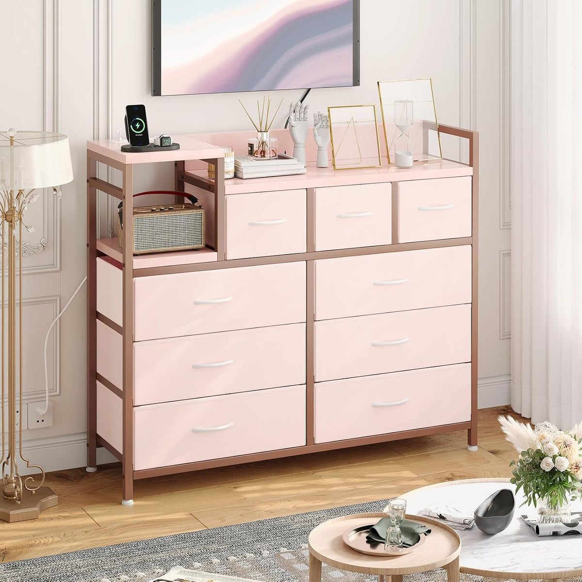 Jojoka TV Stand with Charging Station, Bedroom Dresser for Living Room TV Stand with 9 Drawers, Pink