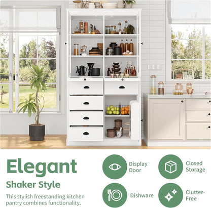 Polibi Large 72" H x 40" W Kitchen Pantry Cabinet Freestanding Storage with Glass Doors, Adjustable Shelves & Drawers, Serving Trays for Coffee Bar or Dining Room, White