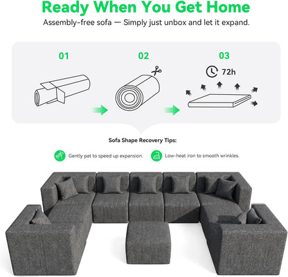 MONVANE Oversized Sectional Couch 10-Seat, Chenille, Gray | Sectional Couch for Living Room, Modular Cloud Sofa with Ottoman & 10 Throw Pillows, No Assembly Required