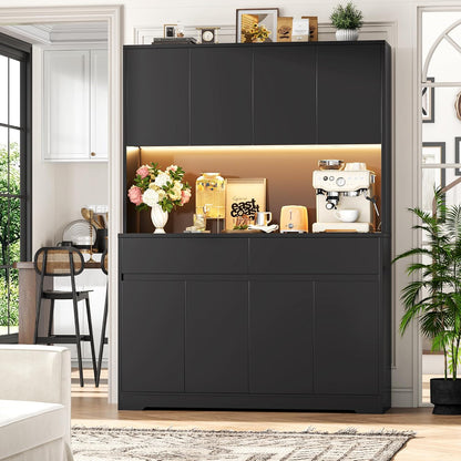 FINETONES 71" Tall Pantry Cabinet with LED Lights and Charging Station, 47.2" Wide Kitchen Pantry Storage Cabinet Kitchen Hutch with Microwave Stand, Tall Storage Cabinet for Living Room, Black