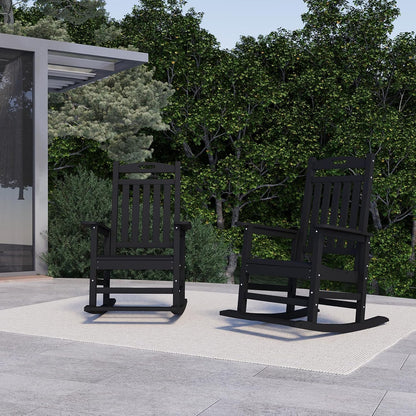 PLUUV Outdoor Rocking Chair, HDPE Patio Rocking Chairs with Footboard, All Weather Porch Rockers Outdoor for Adult, Effortless Installation, Black