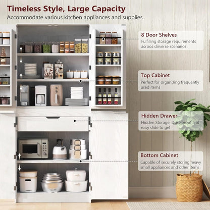 72 Inch Farmhouse Kitchen Pantry Cabinet with Unique Curved Design, 4-Door Storage with 8 Adjustable Door Shelves, 3 Adjustable Shelves & Hidden Drawer, Freestanding (Curved Design + White)
