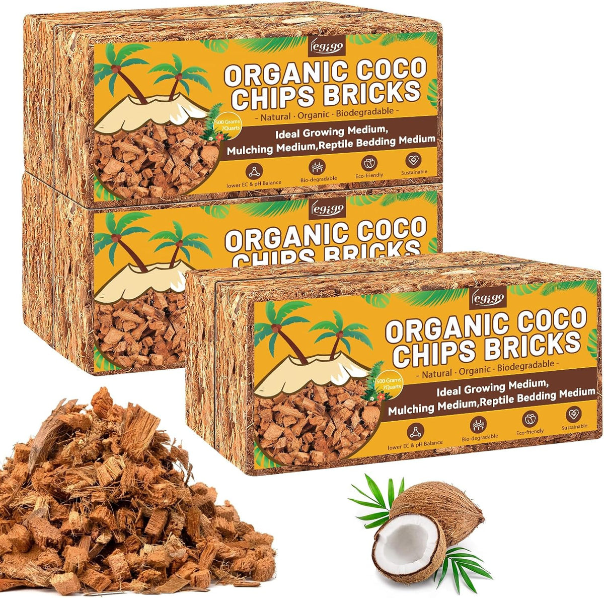 Legigo 6 Pack Coco Husk Chips- 6.6 LB 100% Organic Coconut Coir Chips Brick Potting Soil Mix with Low EC & PH Balance, Compressed Coconut Substrate Coco Chips Mulch Medium for Garden, Flowers, Plants
