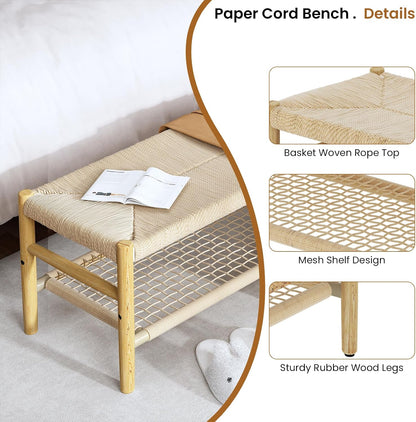 Recaceik Indoor Entryway Bench with Paper Cord Ottoman & Grid Storage Rack, Mid-Century Long Bench with Rubber Wood Legs, French Vanity End Bed Bench for Bedroom Living Room Channel