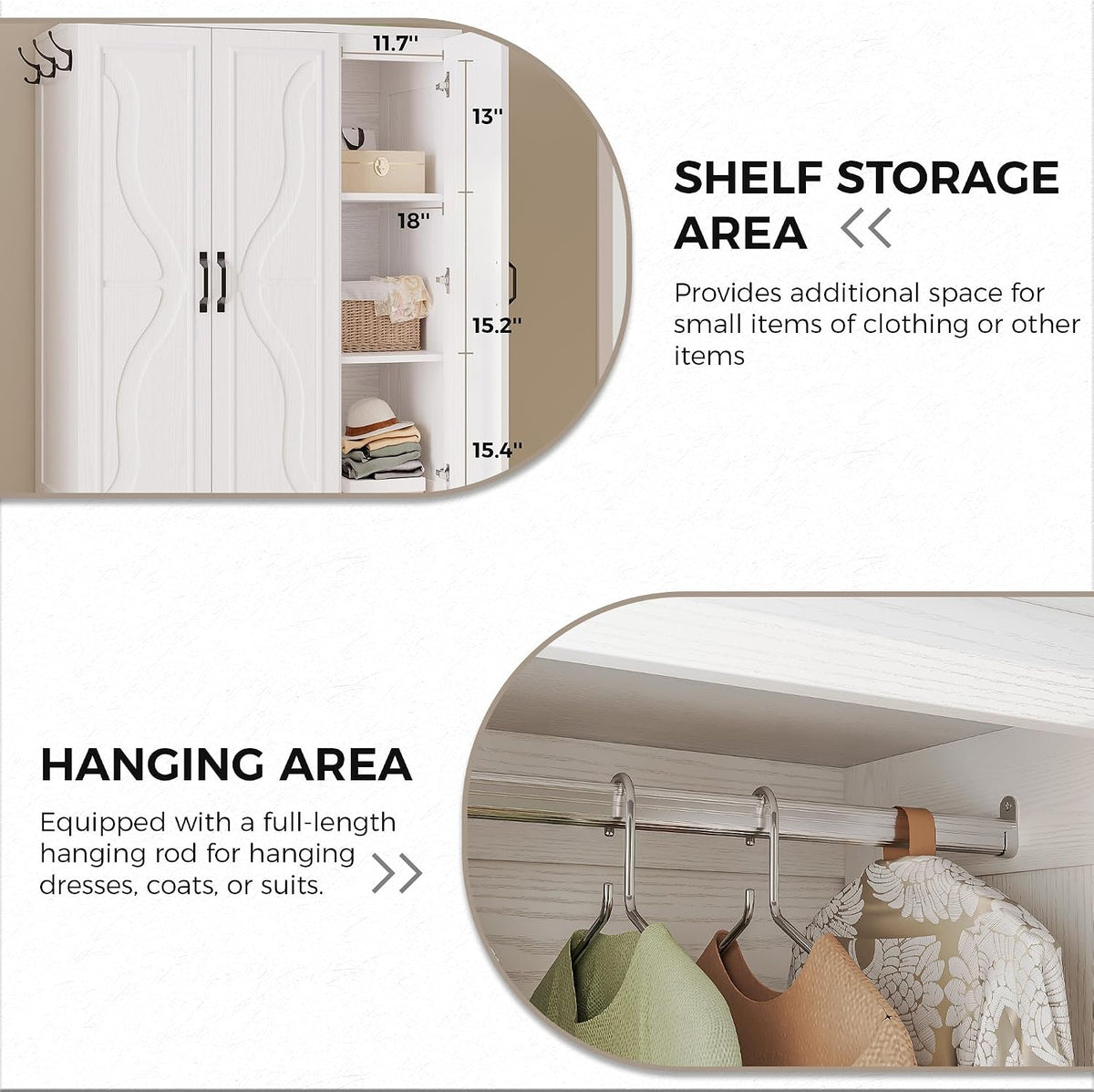 LIKIMIO Armoire Wardrobe Closet with 4 Doors and Drawers, White | Wardrobe Cabinet with Storage Shelves and Side Hooks, Clothing Storage Cabinet for Bedroom