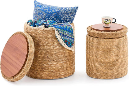 Round Storage Pouf Ottoman Hand Weaving Natural Boho Straw Footstool Pouffe | Breathable material, Hand‑woven from natural straw, Artisanal hand‑crafted texture, Bohemian home decor accent