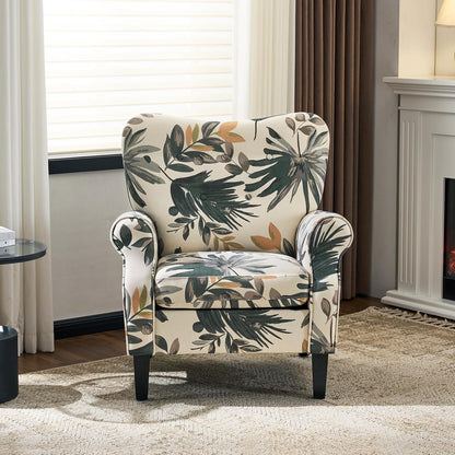 YOLENY Mid Century Wingback Arm Chair, Modern Upholstered Fabric High Back Accent Chair with Wood Legs, Upholstered Single Sofa Club Chair for Living Room, Bedroom, Home Office, Grey Green Leaves