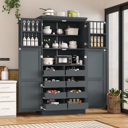 Polibi Freestanding Pantry Cabinet 35.5"x17.6"x70.9", Tall 4-Door Kitchen Storage with 8 Pull-Out Trays, 2 Door Shelves & Adjustable Shelf, for Dining Room (Gray)