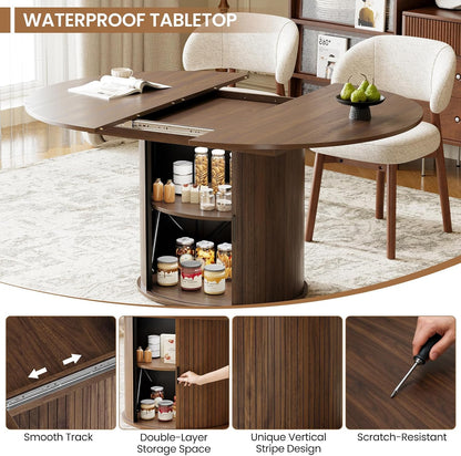 MALOL 47"-63" Extendable Round to Oval Dining Room Table Chairs Set for 4-8, Modern Wooden Kitchen Table and Chairs with Hidden Storage and Fluted Design for Dining Room/Small Space(Walnut and Beige)