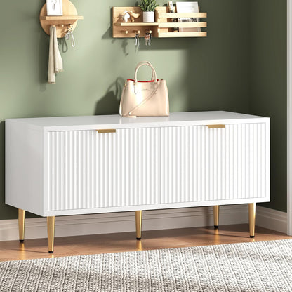 Garvee Shoe Storage Bench for Entryway, Modern Fluted Shoe Cabinet with Storage, Compact Wooden Mudroom Bench for Hallway, Foyer, Entrance, Front Door, White