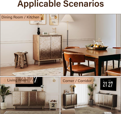 Sideboard Buffet Cabinet with Raised Shaped & Geometric Line Texture Door Panel, Accent Storage Cabinet for Living Room (Cabinet Body- Oak, 4 Door-15 D x 61" W x 34.5" H)