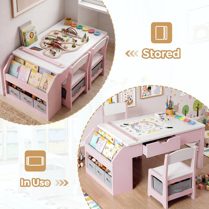 5-in-1 Kids Art Table and Chairs Set, Convertible Toddler Table and Chair Set with Art Easel, Paper Roll Holder, Storage Drawers and Craft Play Desk, Wooden Activity Learning Table for Kids, Pink