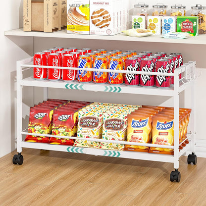 2-Tier Expandable Rolling Pantry Cart with Wheels, Adjustable Floor Organizer for Kitchen Pantry, Can Organizer for Pantry, Storage Cart for Snack, Food, Vegetables, White, Patent Pending