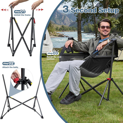 Hammock Camping Chair with Adjustable Backrest, 350LBS Heavy Duty Oversized Swinging Chair Portable Folding Rocking Chair with Pillow Cup Holder for Outdoor Beach Camping Patio, Black