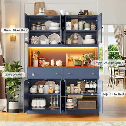 FINETONES 71" Pantry Cabinet with LED Light and Charging Station | Farmhouse Kitchen Pantry Cabinet with Microwave Stand, 47.2" Wide Kitchen Hutch Food Pantry with Open Countertop, Blue