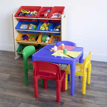 Humble Crew Kids Plastic 4 Set, Blue Table/Primary Chairs & White/Primary Kids' Toy Storage Organizer with 12 Plastic Bins