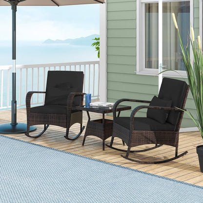 Tangkula 3 Pieces Rocking Bistro Set, Patiojoy Outdoor PE Rattan Rocker Chairs with Removable Cushions & Tempered Glass Top Coffee Table, Outdoor Wicker Furniture Set for Porch, Garden (Black)