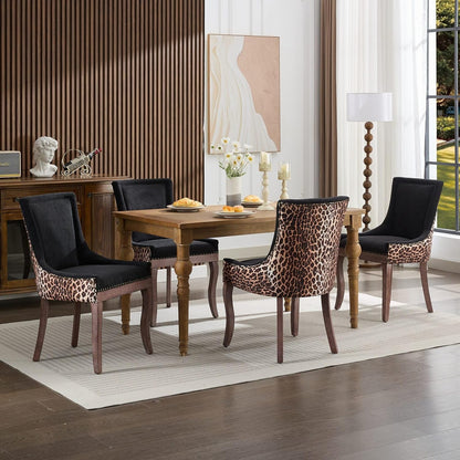 LKTART Upholstered Dining Chairs Set of 2, Solid Wood Kitchen Dining Room Chairs with Thicken Padded and Nailhead Trim for Home Kitchen Bedroom Black and Leopard