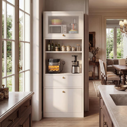 71" Tall Pantry Cabinet, Freestanding Storage Cabinet with Doors and Adjustable Shelves, Drawer and Anti-Tip Kit, E1-Grade Wood for Kitchen Pantry Bathroom Storage, Warm White