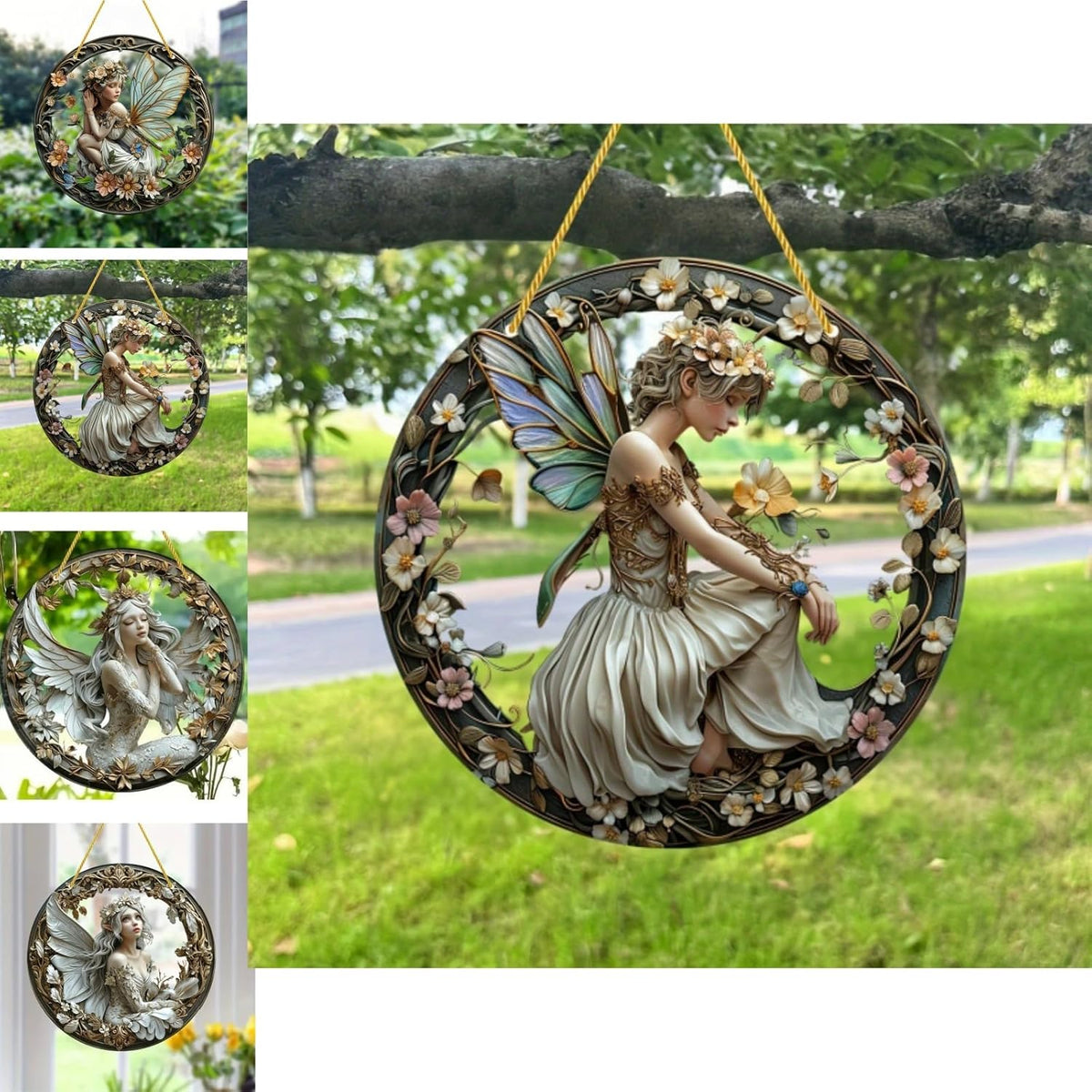 Flower Fairy Garden Decorations Angel Wing Christmas Halloween Deco Statue Art Elf Sculpture Hanging Craft for Outdoor Yard Courtyard Lawn Patio Window Acrylic Ornament Home Gift (B,L: 8*8 IN)