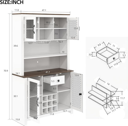 JIJIWANG 70.9" Kitchen Pantry Storage Rustic Buffet Cabinet,Kitchen Hutch Cabinet with LED Outlets Food Pantry Cabinets with Doors and Shelves Wine Rack for Dining Room,for Dining Room,White