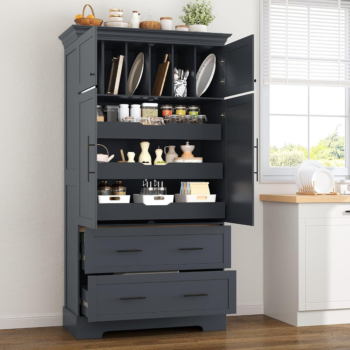 SOFTSEA Kitchen Pantry Storage Cabinet with Pull-Out Trays, Drawers and Cake Pan Storage Organizer, Freestanding Hutch with Doors, Grey