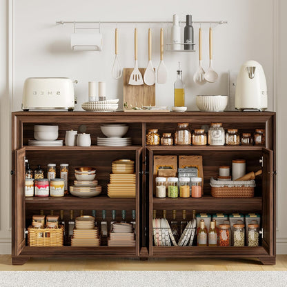 ONBRILL 60 Inches Sideboard Buffet Cabinet with Storage, 4 Doors Large Sideboard, Kitchen Cabinet with Open Shelf & Adjustable Shelf, Kitchen Coffee Bar Console Table for Living Room, Hallway, Brown