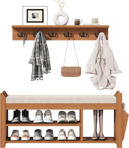 PETKABOO 39.4" Shoe Bench with Coat Rack Hidden Drawer and Side Holder, 2 Tier Entryway Bench with Storage, Bamboo Shoe Rack with Cushion for Entryway Hallway Living Room Bedroom