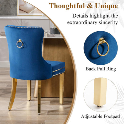 civama Dining Room Chairs Set of 4, Velvet Nikki Collection Dining Chair Upholstered Modern Tufted Kitchen Chair with Nailhead Back Pull Ring Golden Steel Legs, Blue