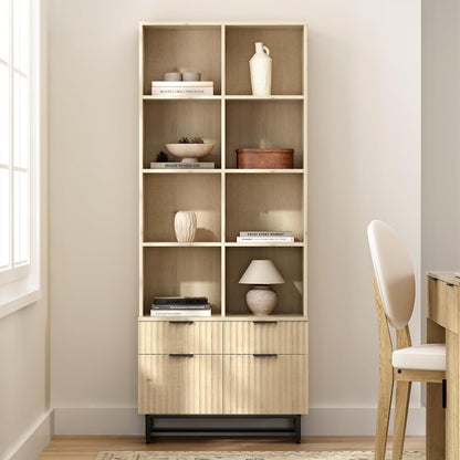 71" Tall Fluted Kitchen Pantry, Mid Century Modern Storage Cabinet with Drawers and Adjustable Shelves 6 Tier Display Bookshelf Cupboard for Dining Room Living Room Home Office, Light Oak
