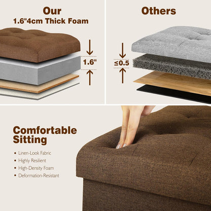 Storage Ottoman Cube, 17" High Folding Linen Foot Rest for Bedroom, Brown | Small Ottoman with Storage for Dorm with Thicker Foam Padded Seat. Foot Stools Ottoman with Side Pocket & Handles, 17x13x13in
