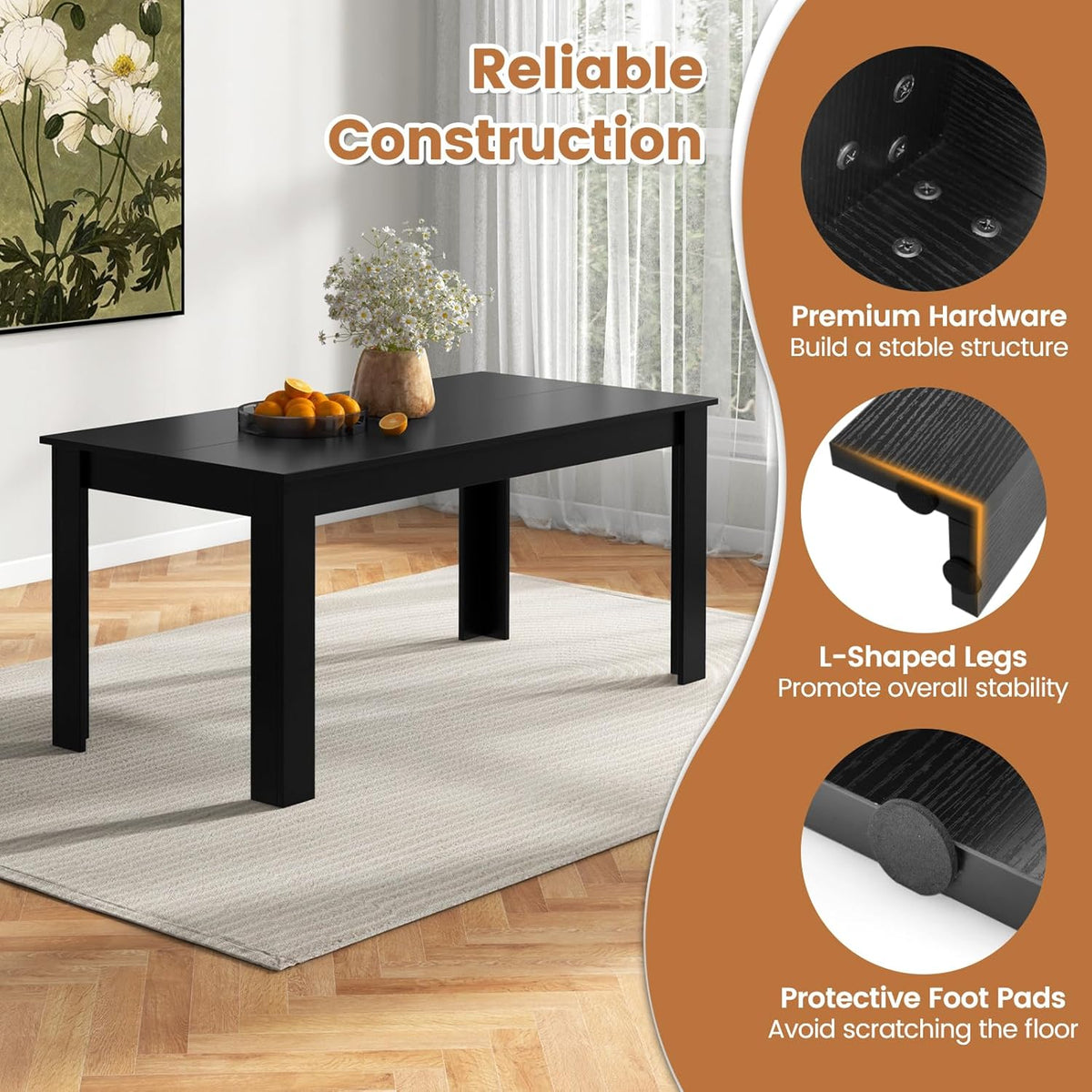Giantex Dining Table for 6, Rectangular Kitchen Table with 330Lbs Capacity, Stable Structure, 63" L x 31.5" W x 30" H Large Farmhouse Center Tables for Dinner, Dinette, Dining Room, Black