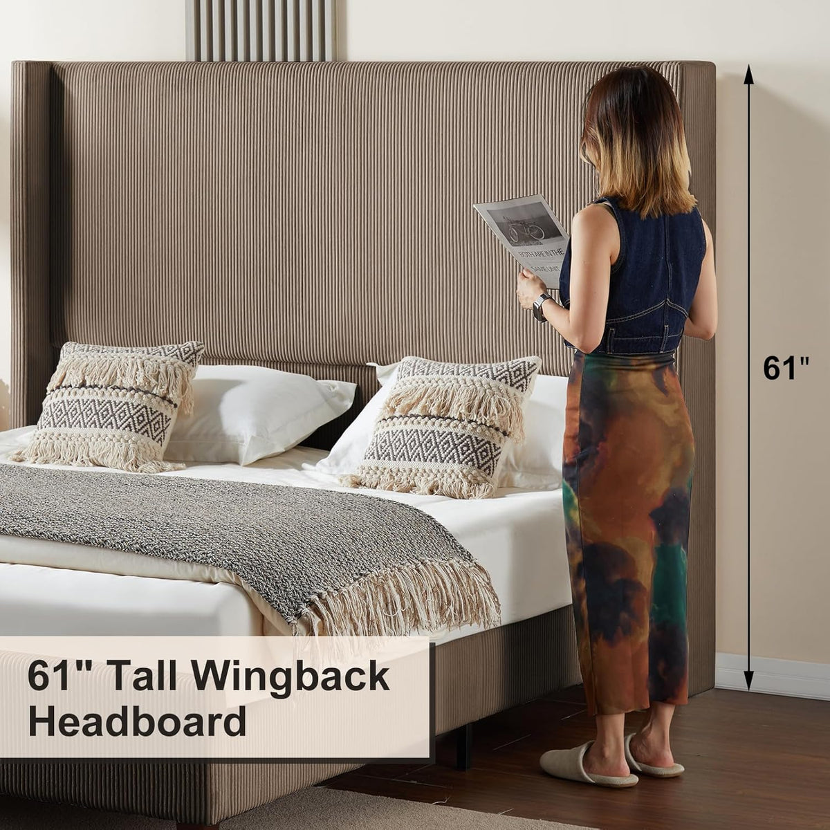 HOWE Upholstered King Size Bed Frame with 61" Wingback Headboard, Chestnut