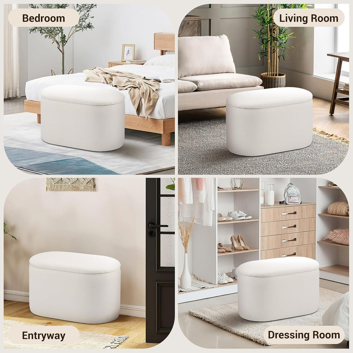 Oval Ottoman with Storage for Living Room, Modern Linen Fabric Foot Stools Ottoman, Upholstered Vanity Stool Foot Rest, Small White Storage Bench for Bedroom, Entryway, Dorm