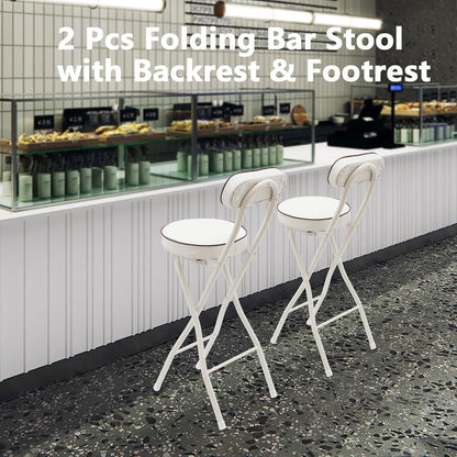 2 Pcs Folding Bar Stool with Backrest & Footrest 25.6in Height Tall Foldable Stool Chair Leather Padded for Kitchen Bar Shop 275.58 lbs Capacity White