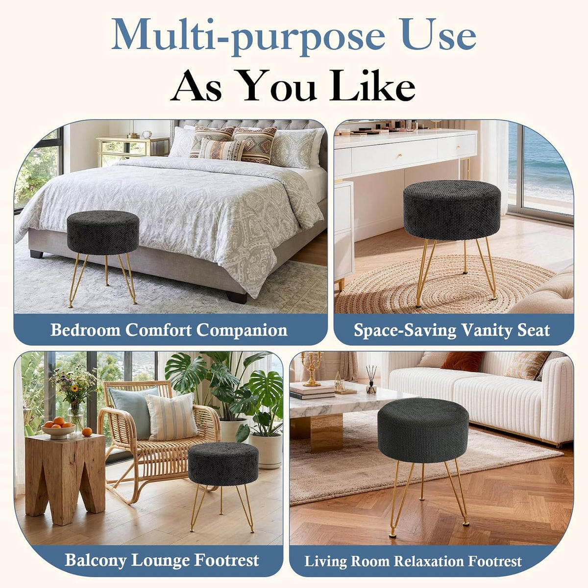 DUMOS Velvet Vanity Stool, 350LBS Heavy-Duty Makeup Stool with 4CM Thick Cushion, Round Ottoman Footrest Chair for Bedroom, Bathroom, Dressing Table, Easy-Clean Soft Fabric, Black