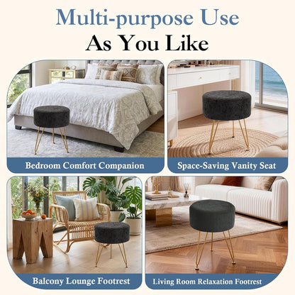 DUMOS Velvet Vanity Stool, 350LBS Heavy-Duty Makeup Stool with 4CM Thick Cushion, Round Ottoman Footrest Chair for Bedroom, Bathroom, Dressing Table, Easy-Clean Soft Fabric, Black