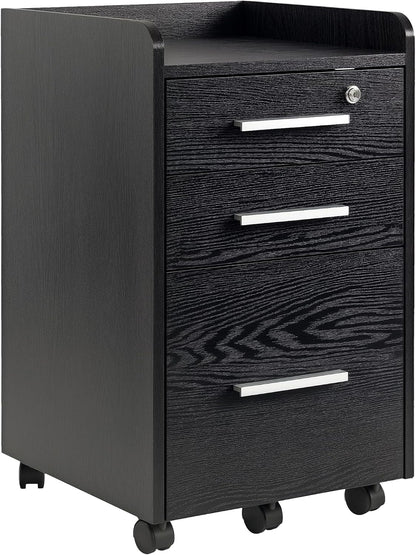 HOMCOM 3 Drawer File Cabinet Office Storage Lock, Wheels, Letter/A4, Black | Edged Top, Small Office Storage