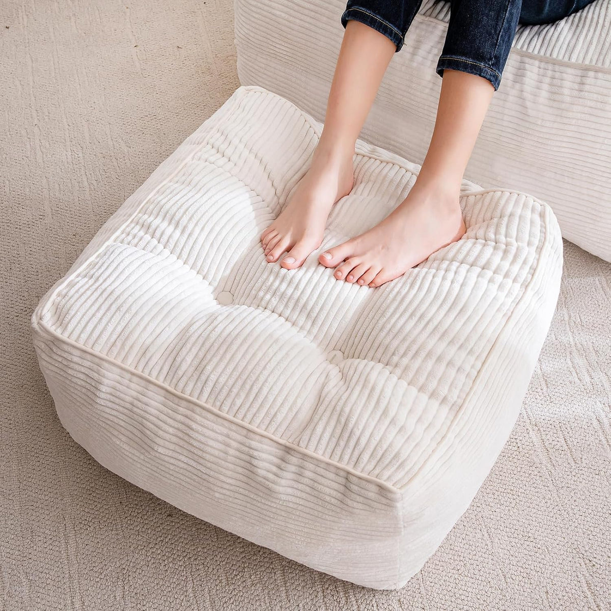 HIGOGOGO Square Stuffed Pouf Ottoman, Corduroy Poufs with Foam Chunk Filling, Furry and Fluffy Pouf Foot Stool Storage Ottoman, 21 X 21 Floor Poufs Foot Rest for Living Room, Beige